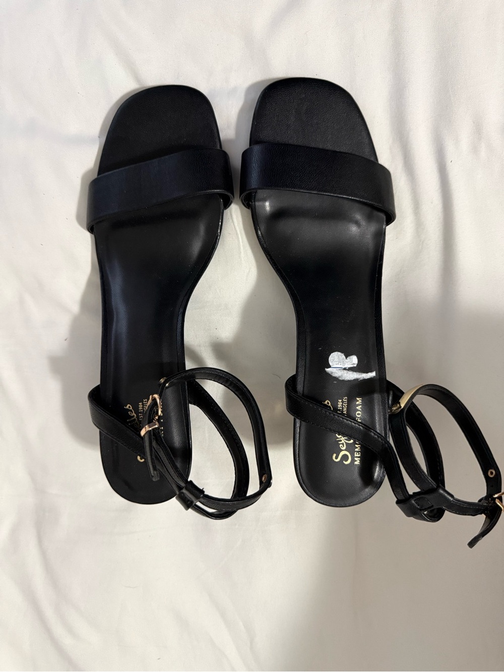 Seychelles Black Ankle-Strap heels with gold ankle strap accent. Size 10